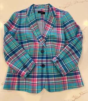 Talbots Plaid Blazer Size 8 Blue Pink Madras Preppy Spring Jacket